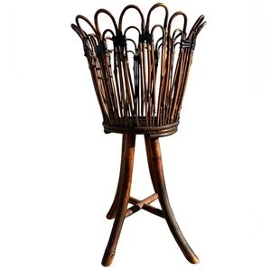 Vintage Oriental Tiger Cane Bamboo & Rattan Jardiniere Plant Stand Planter c1950